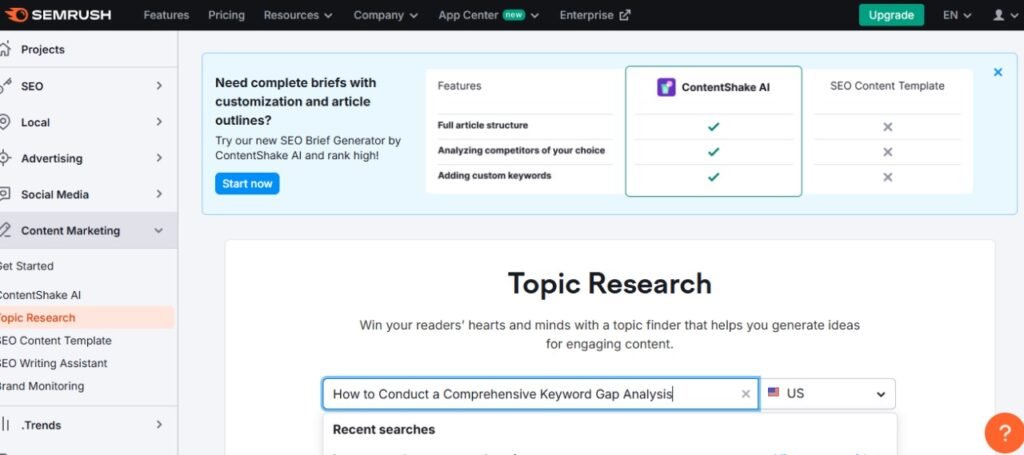 topic research dashboard semrush