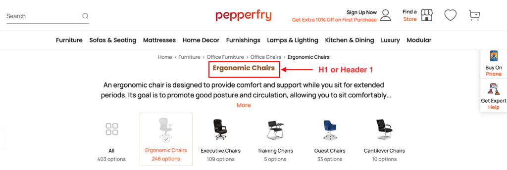 ecommerce category page H1 header