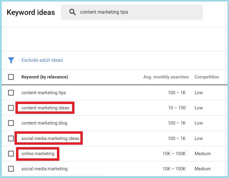 Google Keyword Planner for content ideas