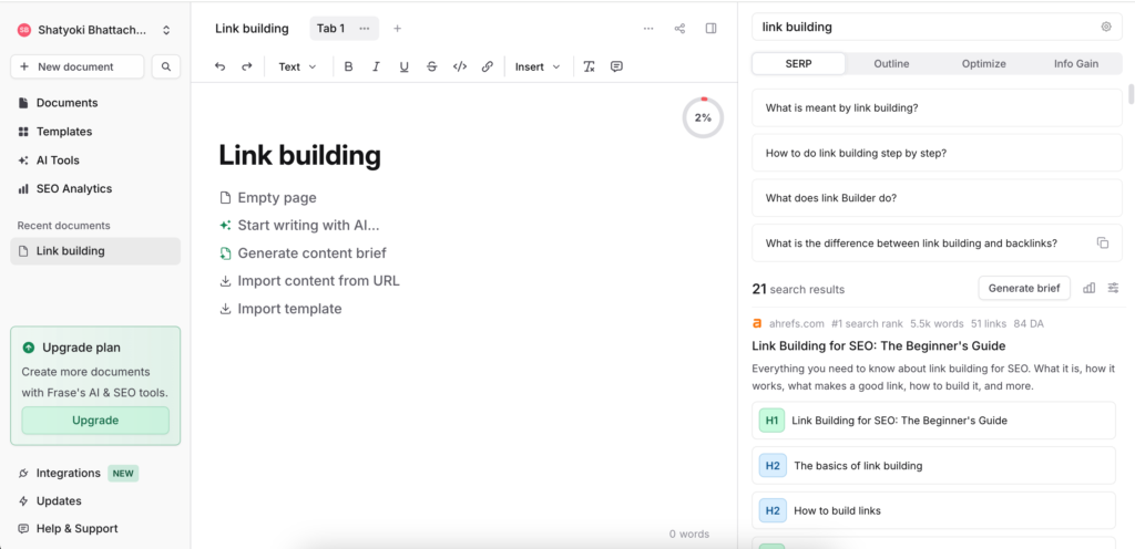 frase.io ai content outline dashboard